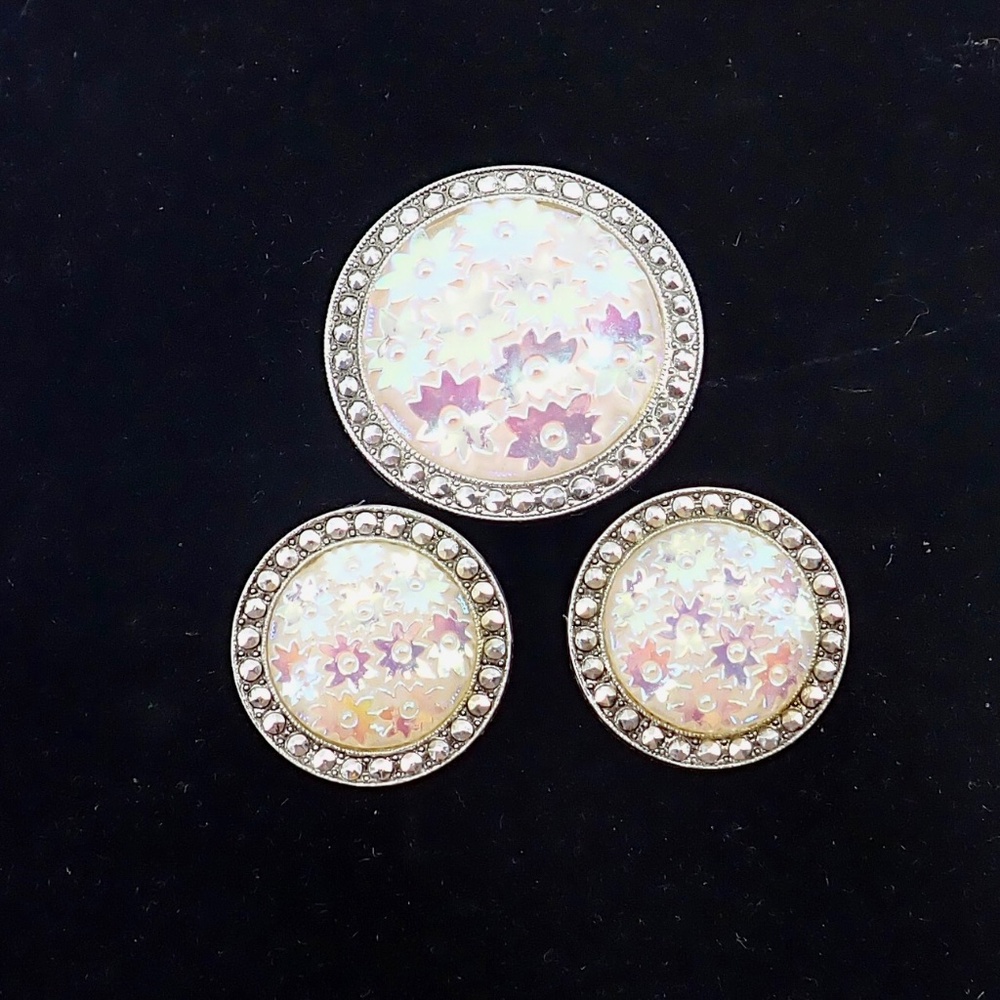 Germany Scarf Clip Matching Set Earrings Iridescent Floral Sequin Silver Tone